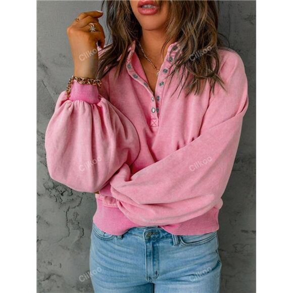 Half Button Raglan Sleeve Sweatshirt - Picture 3 of 5